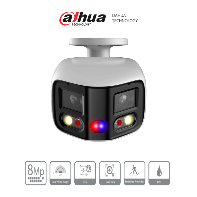 DAHUA IPC-PFW3849S-A180-AS-PV Cámara IP bullet WizSense de 2x4 MP TiOC Duo fija de 180°/ LED IR 25 m/ Luz cálida es de 20 m