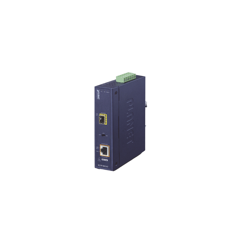 Convertidor de medios industrial PoE+ 1000BASE-SX/LX a 10/100/1000BASE-T 802.3at (mini-GBIC, SFP)