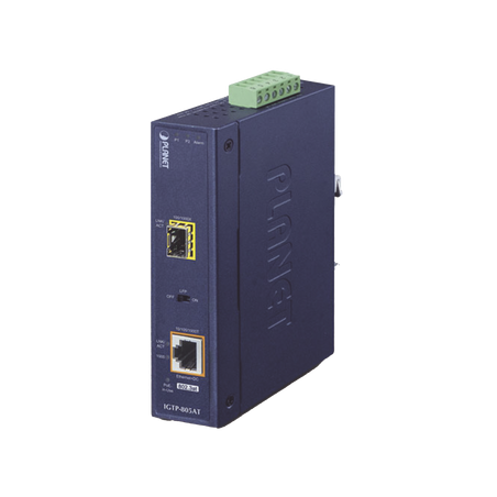 Convertidor de medios industrial PoE+ 1000BASE-SX/LX a 10/100/1000BASE-T 802.3at (mini-GBIC, SFP)