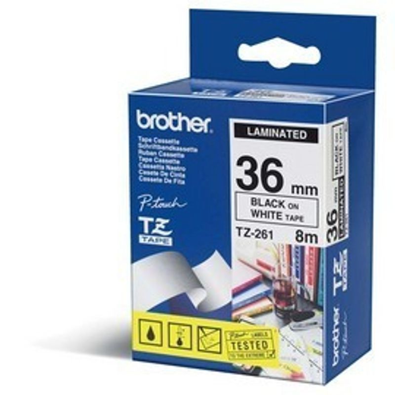 Etiqueta blanca continua laminada Brother TZE261 de 36 mm de ancho x 8 mts de largo. Impresión en negro. NMG-30U2