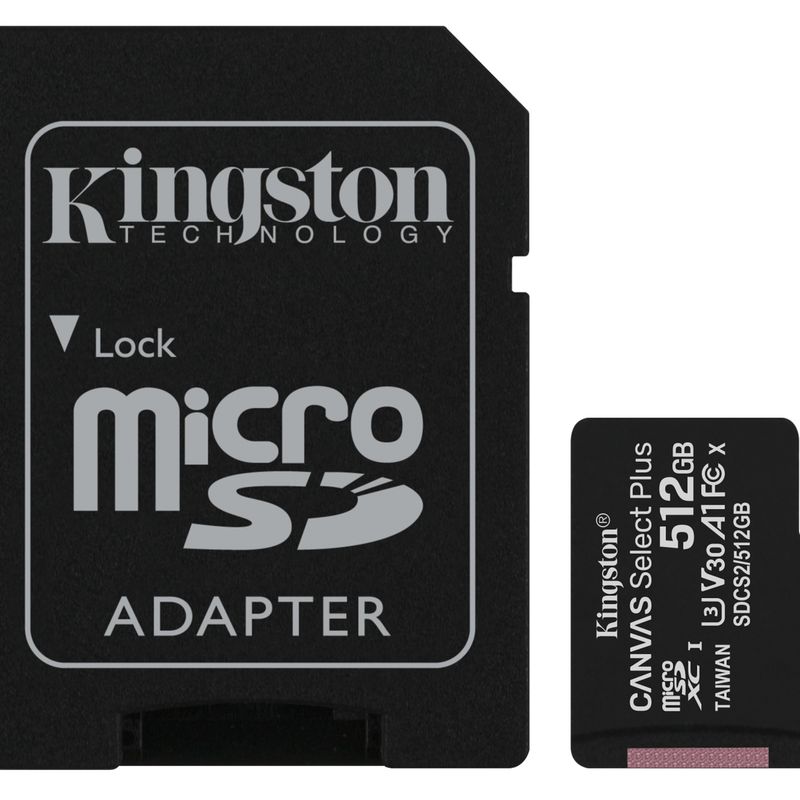 MEMORIA MICROSD KINGSTON CANVAS SELCT PLUS 512GB R.100MB/S W.85MB/S CL10 UHSI U3 V30 A1 NMG-30U2