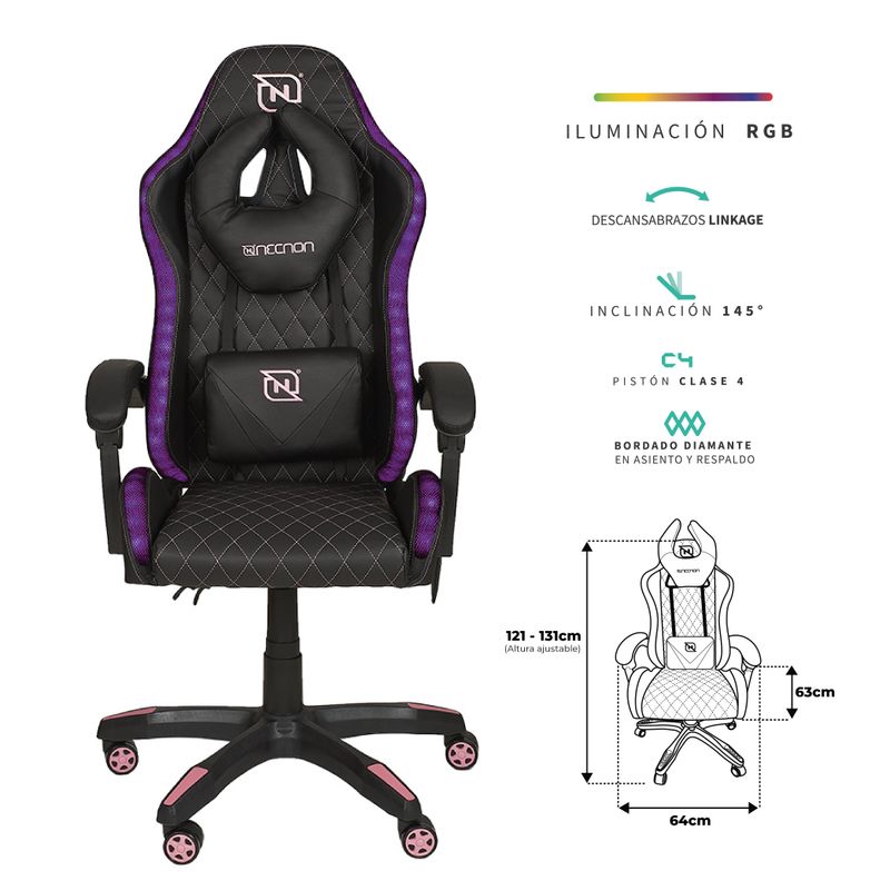 SILLA GAMER RGB INCLINACION RESPALDO 145 CLASE 4 140150KG NSGRGB1 FOAM 350MM 63CM64CM121131CM COJIN LUMBAR Y CABEZA NEGRO/FUSCIA