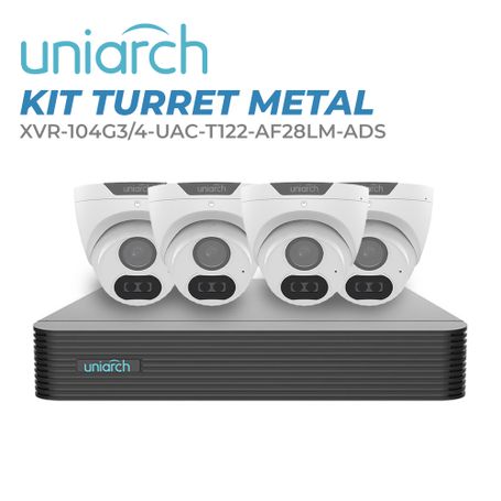 kit uniarch turret 2mp  4 cámaras tipo turret de metal  micrófono incluido  análogas 2mp  interiorexterior  ip67   1 xvr104g3 c