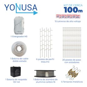 kit de cerca electrificada con accesorios para 100metros incluye
energizador bateria  br1204 cable alambre postes letreros y t