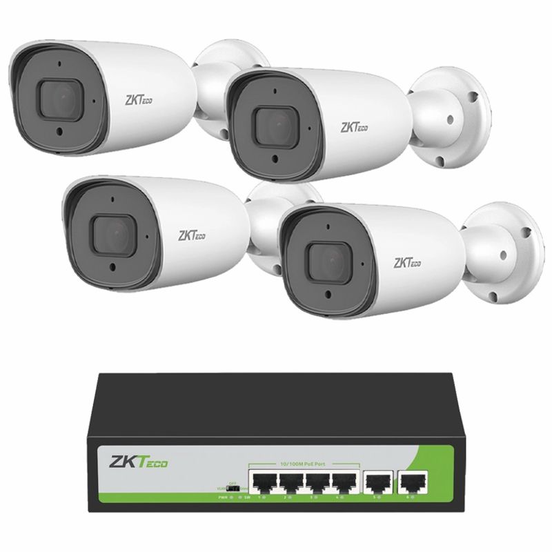 Zkteco Poe4255cpak  Paquete De 4 Cámaras Ip Bullet Full Color 5mp Bs855p12cs7cmi Con Switch Poe Fast Ethernet 4 Puertos Af/at