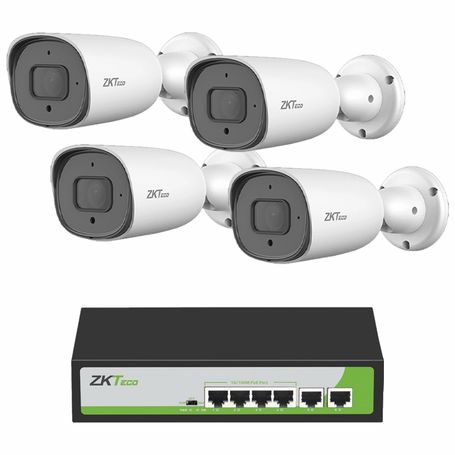 Zkteco Poe4255cpak  Paquete De 4 Cámaras Ip Bullet Full Color 5mp Bs855p12cs7cmi Con Switch Poe Fast Ethernet 4 Puertos Af/at