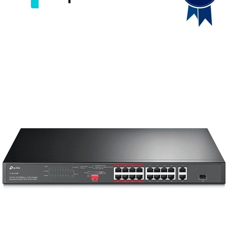 Tplink Tlsl1218p  Switch Poe No Administrable Con 16 Puertos 10/100 Mbps 2 Puertos 10/100/1000 Mbps Y 1 Puerto Sfp. Incluye 8 Pu