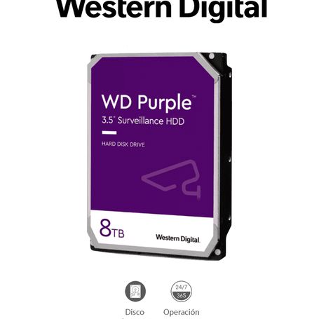 Western Digital Wd85purz  Disco Duro De 8 Tb Purple/ Especial Para Videovigilancia/ Trabajo 24/7/ Interface Sata 6 Gb/s/ Hasta 6