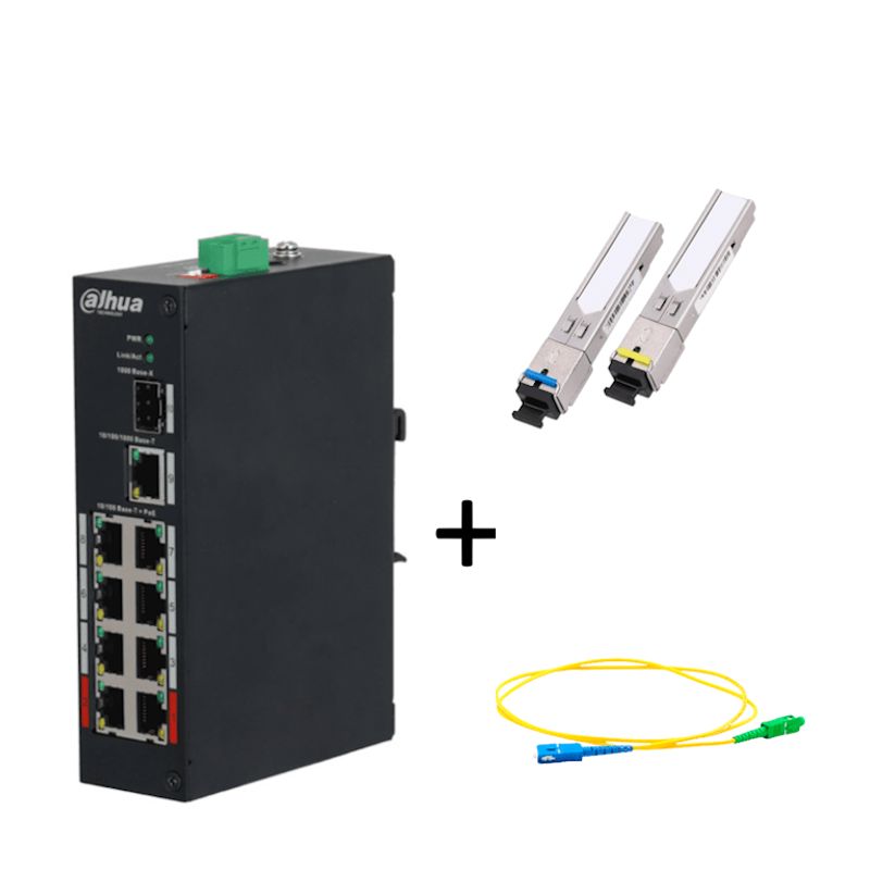 Dahua Pfs31108et96paqfib  Paquete De Switch Poe 8 Puertos Rj45 Y Un Puerto Sfp  Par De Transceptor Fibra Óptica Sfp Monomodo Par