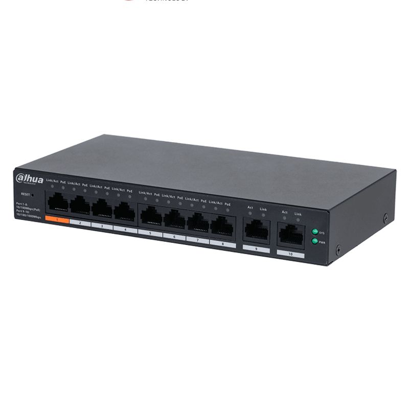 Dahua Dhcs40108et60 Switch Poe De 8 Puertos / Poe Inteligente/ 60watts Totales/ 2 Puertos Uplink/ Switching 4.8gbps/ Protección 