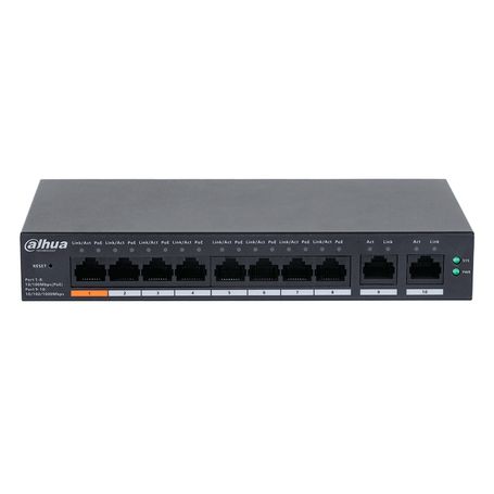 Dahua Dhcs40108et60 Switch Poe De 8 Puertos / Poe Inteligente/ 60watts Totales/ 2 Puertos Uplink/ Switching 4.8gbps/ Protección 