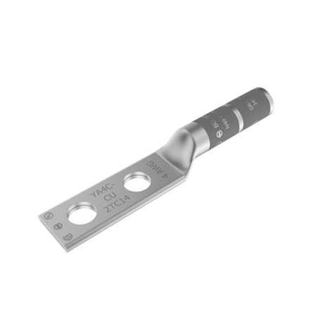 zapata terminal de compresión de barril largo con doble ojillo para tornillo 14 y cable 4 awg  espaciado de 58