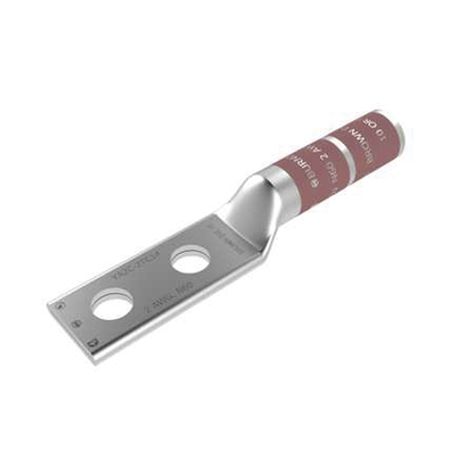 Zapata Terminal De Compresión  De Barril Largo Con Doble Ojillo Para Tornillo 1/4 Y Cable 2  Awg / Espaciado De 5/8.