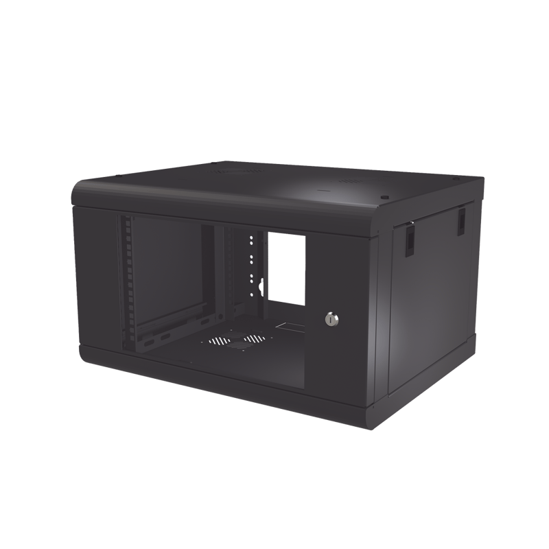 Gabinete de Pared de 6U con Puerta de Cristal Templado, 479.5 mm de Profundidad, Rack de 19 pulgadas, Acero Reforzado Color Negr