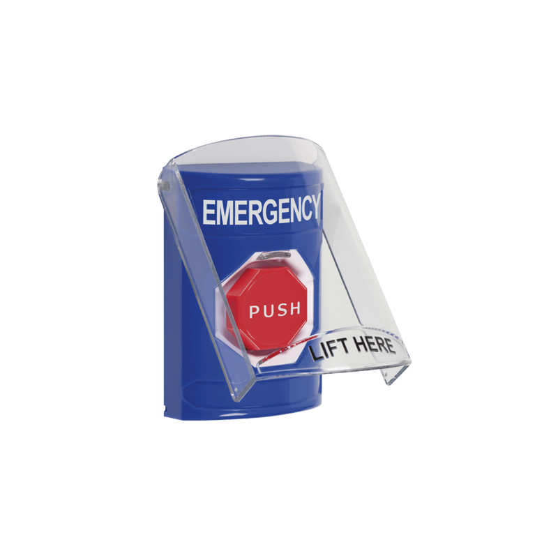 Botón De Emergencia Con Bocina De Advertencia Integrada, Solo Interior, Texto En Inglés, Tapa Protectora De Policarbonato