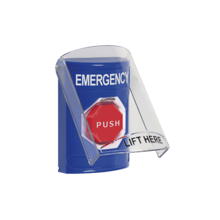 Botón De Emergencia Con Bocina De Advertencia Integrada, Solo Interior, Texto En Inglés, Tapa Protectora De Policarbonato