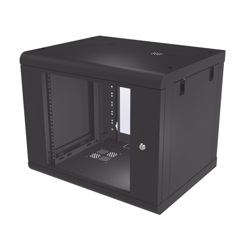 Gabinete de Pared de 9U con Puerta de Cristal Templado, 479.5 mm de Profundidad, Rack de 19'', Acero Reforzado Color Negro