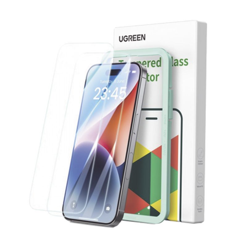 Protector De Pantalla Ugreen Hd Con Marco De Instalación Para Iphone 15/16 (paquete De 2)
