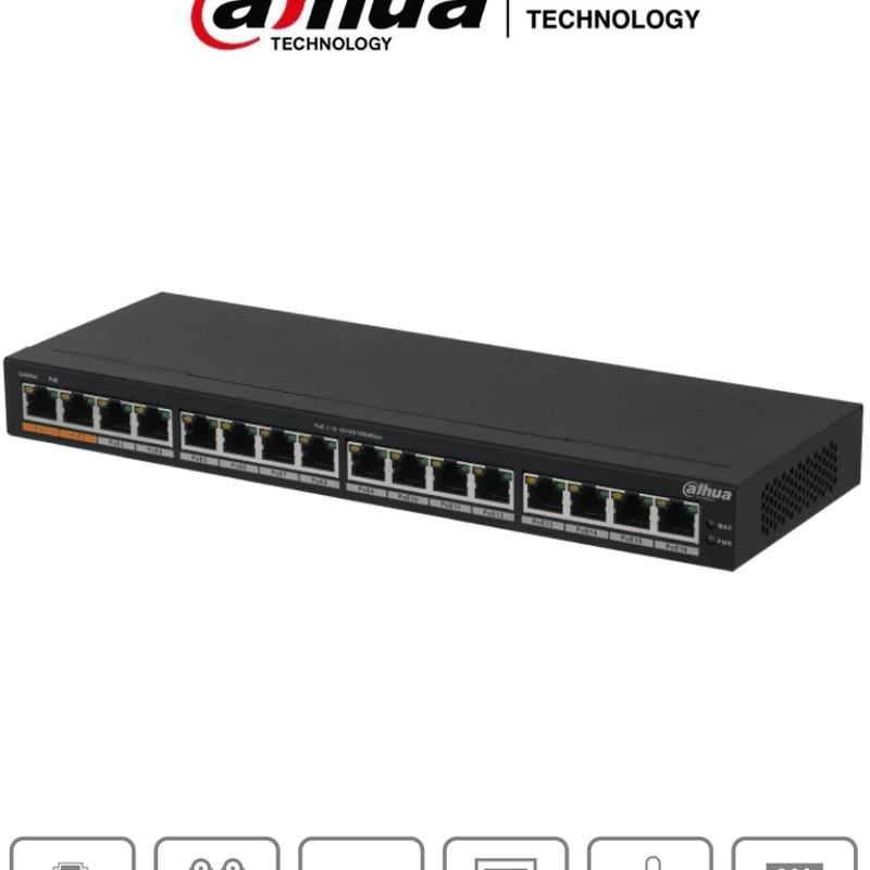 Dahua Dhpfs301616gt190  Switch Poe Gigabit De 16 Puertos Poe Gigabit/ 190 Watts Totales/ Los 2 Puertos Naranjas Soportan Hipoe E