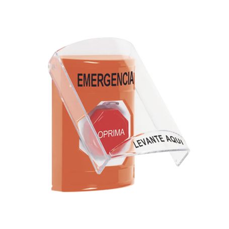 botón multipropósito color naranja de superficie con tapa de policarbonato con bocina pre alarma para interior llave para rest