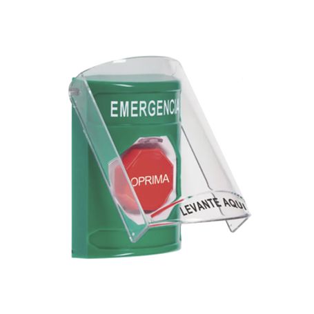 botón multipropósito color verde de superficie con tapa de policarbonato con bocina pre alarma para interior llave para restab