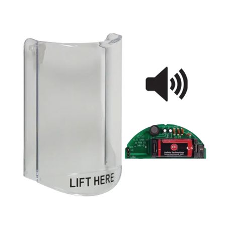 cubierta protectora de policarbonato súper resistente con sonido texto en ingles para botones multiusos serie stopper® station 
