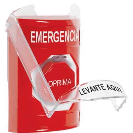 ​botón multipropósito color rojo de superficie con tapa de policarbonato con bocina pre alarma para interior llave para restabl