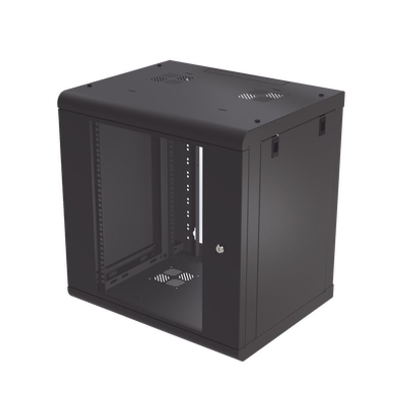 Gabinete De Pared De 12u Con Puerta De Cristal Templado 479.5 Mm De Profundidad Rack De 19 Acero Reforzado Color Negro.