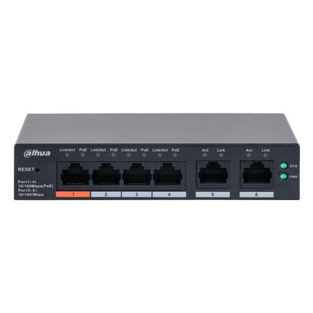 Dahua Dhcs40064et2et60  Switch Poe De 6 Puertos Administrable Con 4 Poe (10/100 Mbps) Y 2 Uplink (10/100 Mbps). Total De 65 W Po
