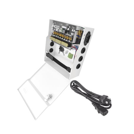  fuente de poder con ajuste de voltaje de 11 15 vcc  10 a  9 salidas  capacidad de bateria de respaldo  requiere bateria  volta