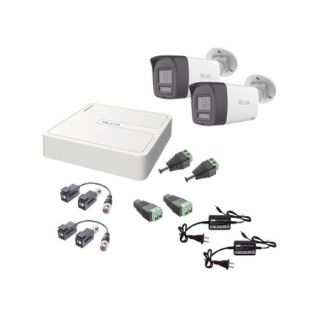kit hilook audio bidireccional turbohd 1080p  dvr 4 canales  2 cámaras bala exterior con bocina y microfóno integrado  2 fuente