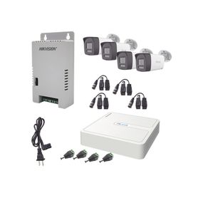 kit hilook audio bidireccional turbohd 1080p  dvr 4 canales  4 cámaras bala exterior con bocina y micrófono integrado  1 fuente
