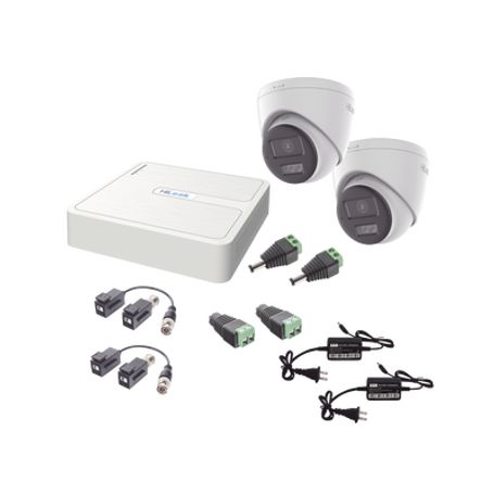 kit hilook audio bidireccional turbohd 1080p  dvr 4 canales  2 cámaras turret exterior con bocina y microfóno integrado  2 fuen
