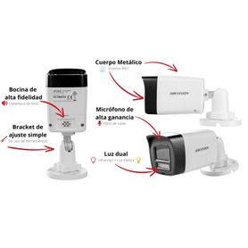 audio bidireccional  dual light  colorvu bala turbohd 4k 8 megapixel  lente 28 mm  30 mts ir exir  20 mts luz blanca  micrófono