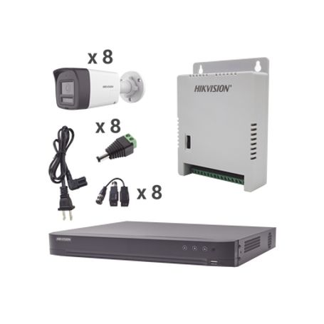 kit audio bidireccional turbohd 4k3k  dvr 8 canales 4k  8 cámaras bala exterior con bocina y microfóno integrado 3k  1 fuentes 