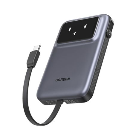 power bank serie uno   10000mah  30w   con cable usbc incorporado  2 salidas 30w max  pantalla inteligente  carcasa ignifuga  a