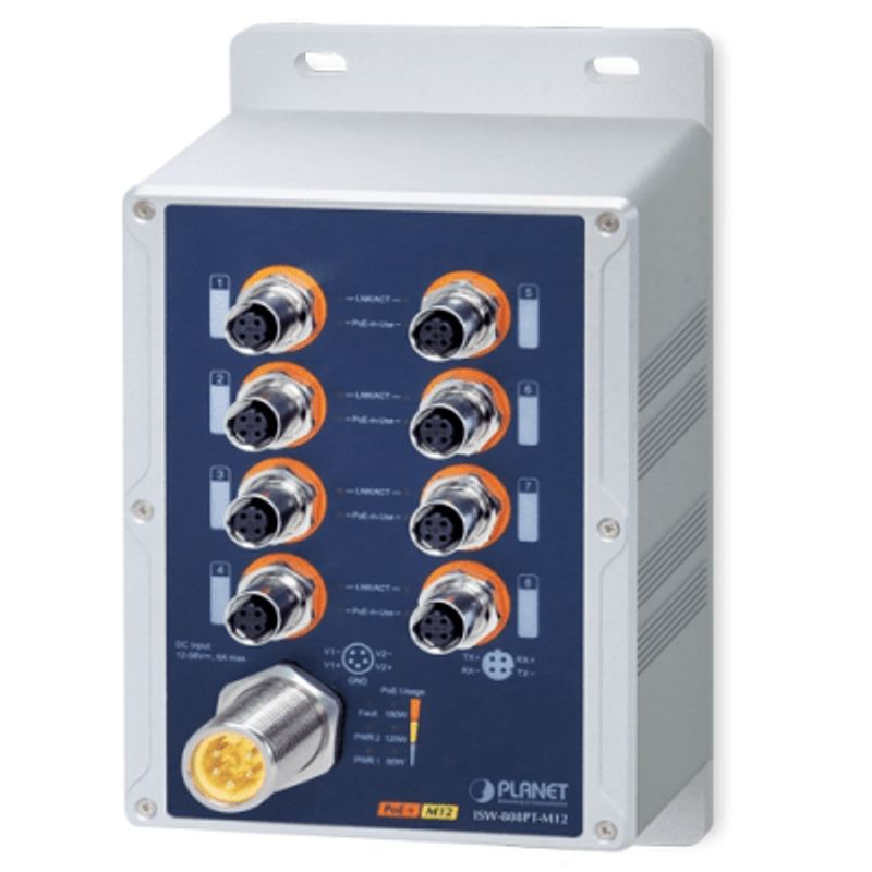 Switch Industrial Ip67 8 Puertos 10/100tx M12 / Ieee 802.3at Poe / 180w Poe Budget / 4075°c / Aluminio / Dinrail Y Montaje En Pa