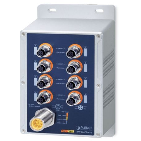 switch industrial ip67 8 puertos 10100tx m12  ieee 8023at poe  180w poe budget  4075°c  aluminio  dinrail y montaje en pared   