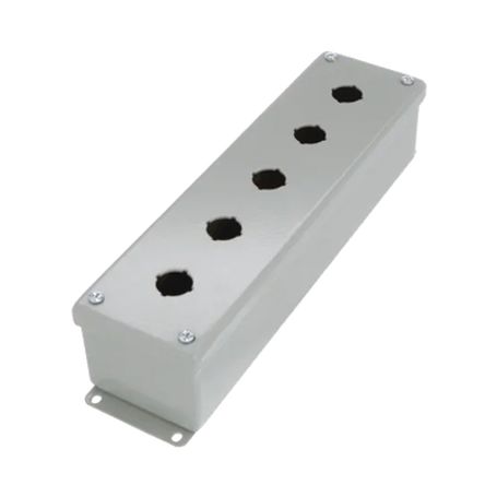 gabinete tipo pushbutton de 5 botones de 225 mm nema 12 ip65 de 317 x 83 x 70 mm de acero color gris