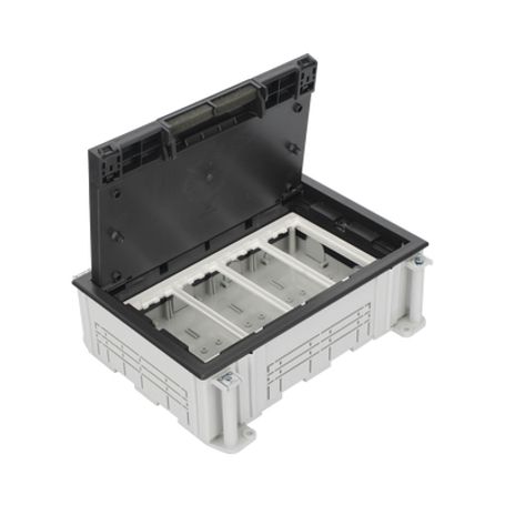 caja para instalación en piso falso para voz datos o contactos eléctricos  capacidad para 4 módulos  espacio embellecedor en la