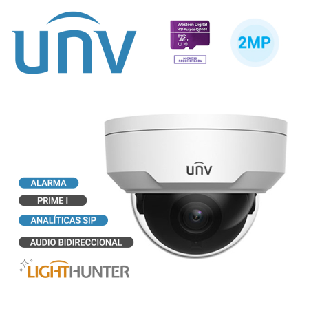 CAMARA IP DOMO LIGHTHUNTER UNV IPC322SB-DF28K-I0 / 2MP / LENTE-FIJO 2.8MM / WDR120DB / IR30M / MICROSD512GB / AUDIO-1IN1OUT