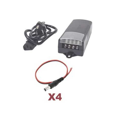 kit con fuente epcom con salida de 12 vcc a 5 amper con 4 salidas  incluye conectores