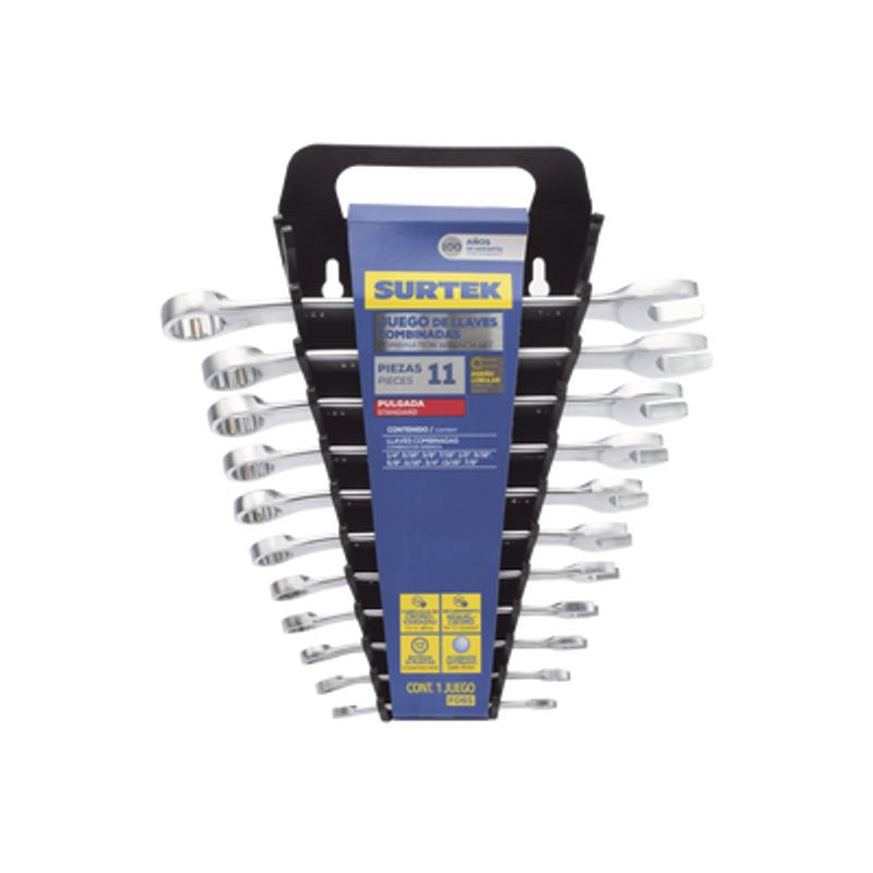 Juego De Llaves Combinadas En Rack Con 11  Piezas En Pulgadas De Cromo Con Acabado Satinado.