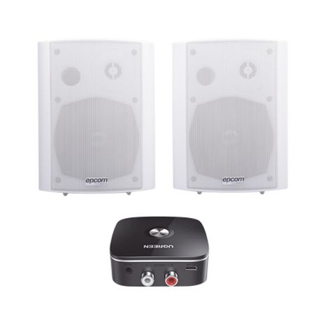 kit  altavoces  modulo receptor bt  montaje en pared  2x20w rms  material abs y reja metálica  bracket de metal  color blanco