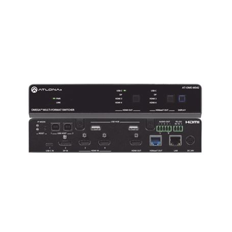 omega switch matriz 4x2 de av multiformato con entradas hdmi usbc y display port  salidas hdmi y  hdbaset  para videoconferenci
