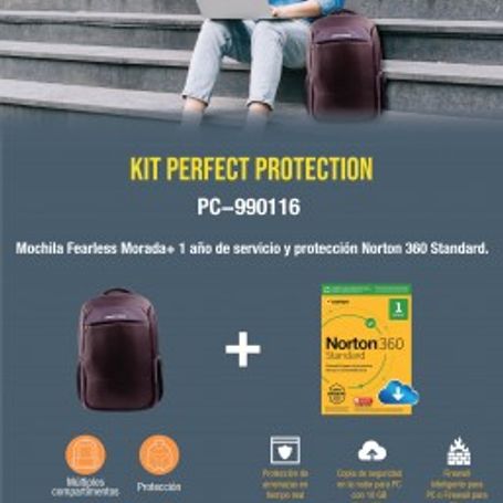 Kit Mochila  Antivirus PC990116 Mochila Fearless Morado PC083924 mas antivirus Norton 1 Ano 1 Equipo 360 ESTÁNDAR TL1 