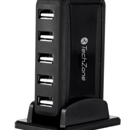 Hub TechZone 7 puertos USB 2.0 color negro con fuente de poder para el incremento de tasa de transferencia 1 ano de garantia. TL