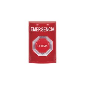 botón de emergencia texto en espanol color rojo acción mantenida girar para restablecer y led multicolor