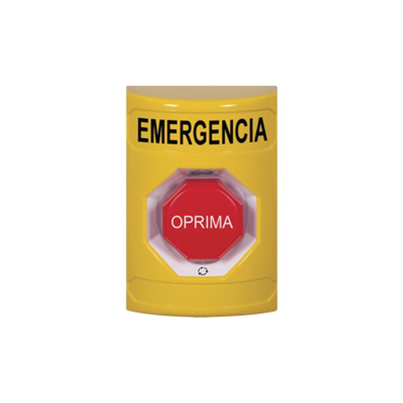 Botón De Emergencia En Espanol Color Amarillo Acción Mantenida Girar Para Restablecer Y Led Multicolor