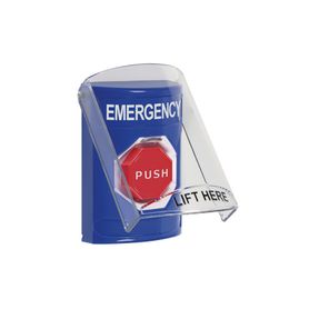 botón de emergencia con bocina de advertencia integrada texto en inglés tapa protectora de policarbonato súper resistente resta